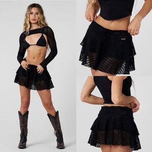 NWT youngla W171 Festival Skirt Black crochet knit flared ruffle mini coverup S